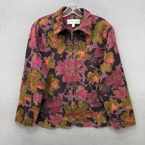 Sarah Bentley Floral Corduroy Zip Up Jacket Women's Size L Multi Color